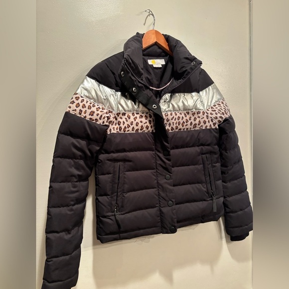Boden Black and Silver Puffer Jacket ski animal print size 2 women’s - Picture 7 of 14